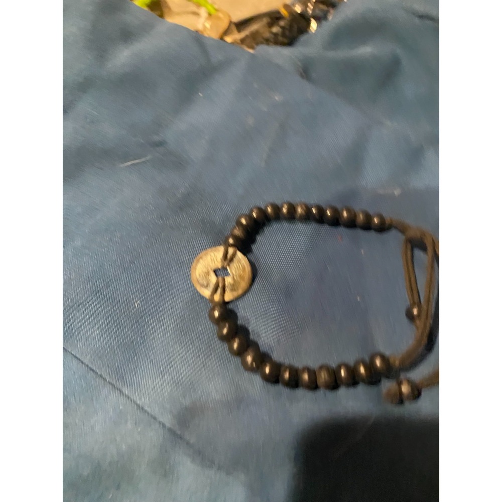 Bali Good Luck Feng Shui Bracelet Chinese Coin Black Beaded Adjustable Artisan